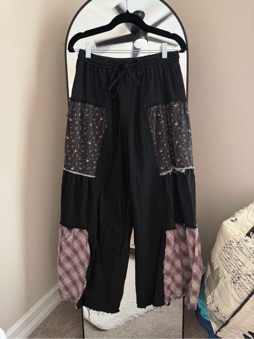 POL Boho Patchwork Wide Leg Pants in Black with Floral & Plaid
